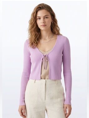 American Eagle Pink Ribbed Front Tie Long Sleeve Knit Top Balletcore Size Small